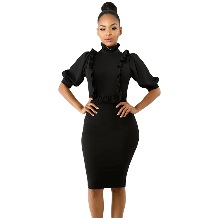 Женское элегантное платье с рюшами, высоким воротом и рукавами-фонариками