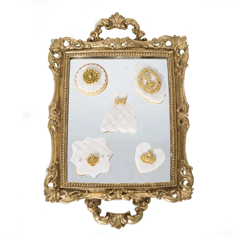 
European Style gold Decoration Custom Hotel Home Decor Antique serving Mirror Square Jewelry Resin Fruit Tray For Wedding luxury 