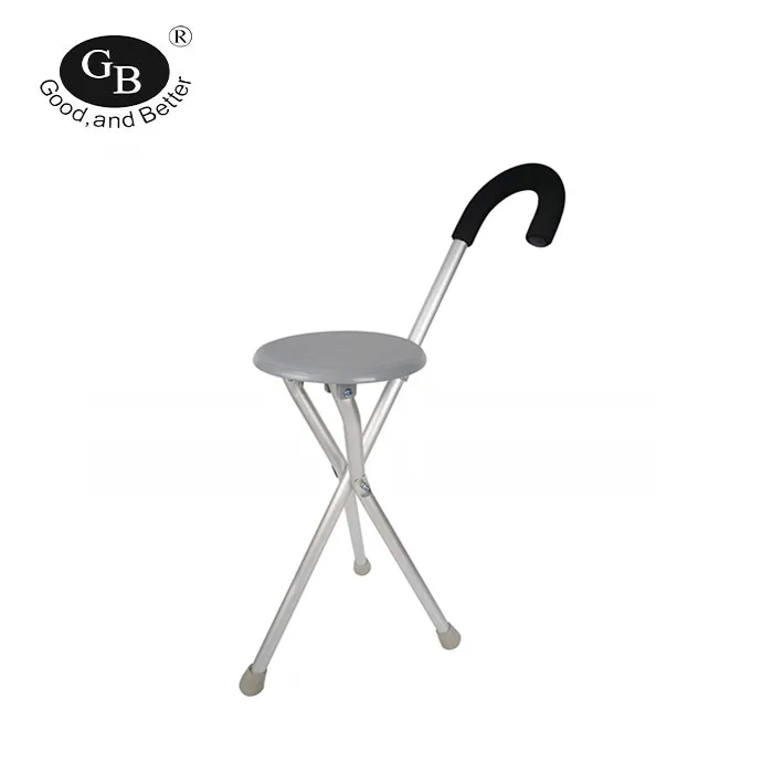 Three-legged Aluminum Folding Stool Chair Cane Walking Stick with Seat