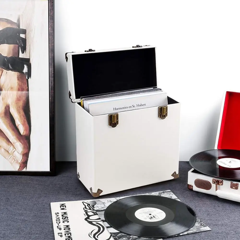 
Victorlia Vintage Retro Vinyl Leather Record Storage Carrying Case for 45+ Records (Dust/Scratch Free) - Cream-12Inch 