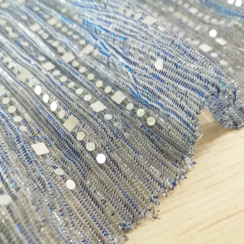 Shiny Blue Silver Metallic Lurex fabric With Line Sequin Spangle for Prom Dress
