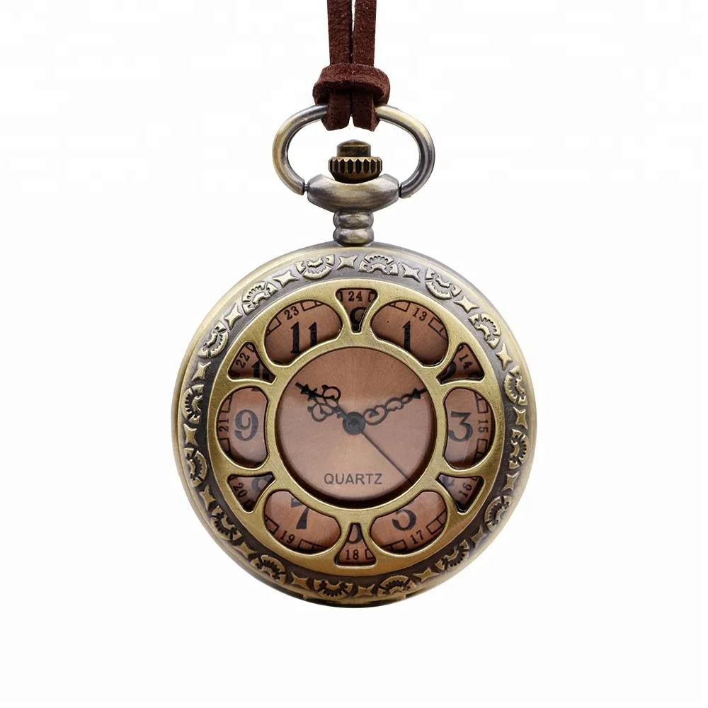 Retro Alloy Bronze Sunflower Pattern Pendant Watch Vintage Leather Rope mechanical Pocket Watches for women men