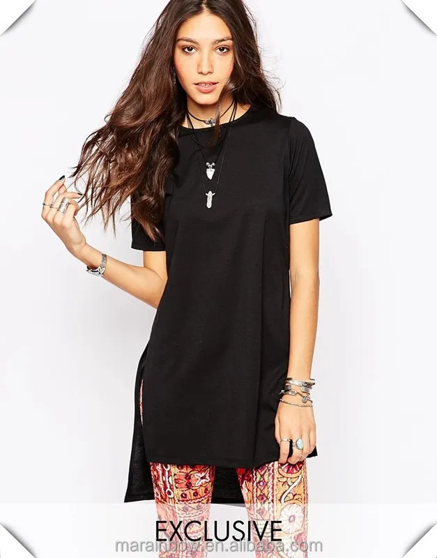 95% Cotton 5% Spandex Solid Black Womens T Shirt Dress Longline Tunic T-Shirt With Split Side Detail