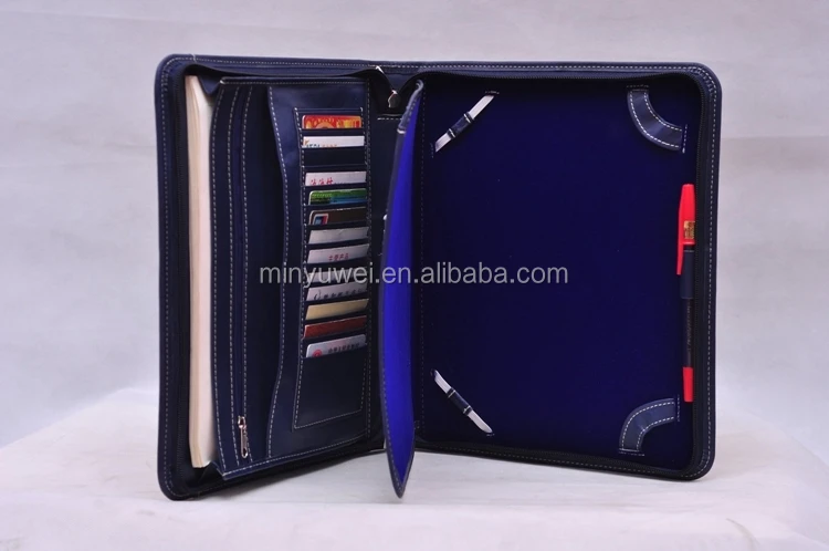 
fashion blue leather Business portfolio A4 genuine leather portable briefcase zip around a4 file folder office gifts 
