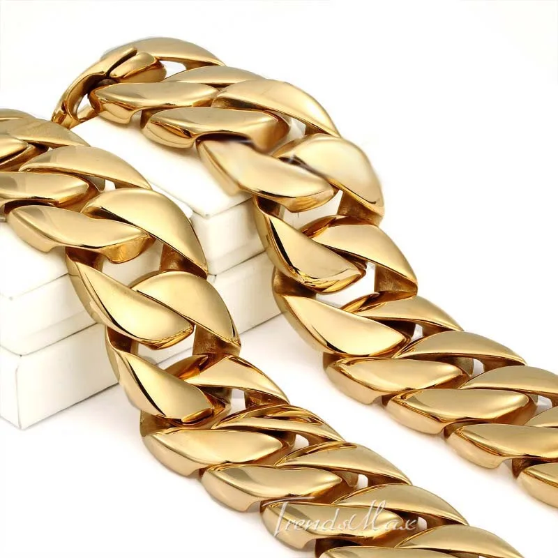 AFXSION Jewelry wholesale china 316L stainless steel plated gold thick cuban link chain necklace men