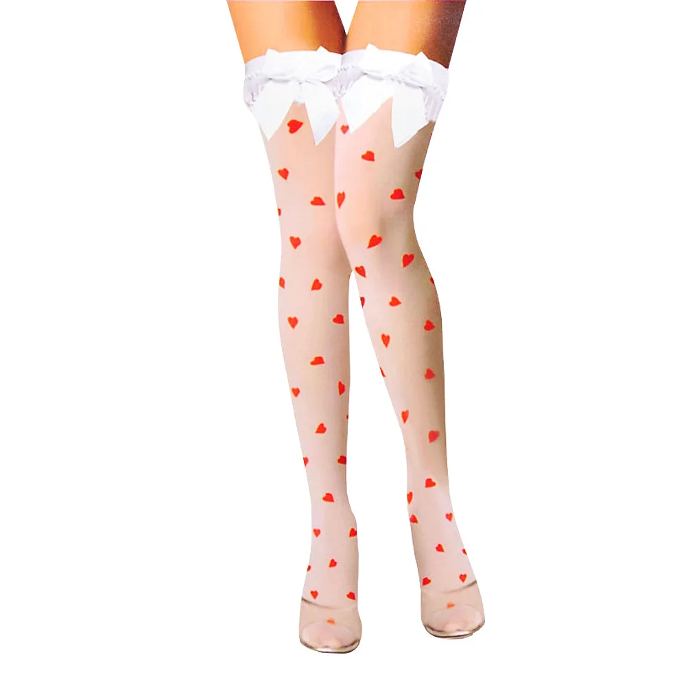
Red heart printed Thigh High Stocking with White Ribbons Top B2020 