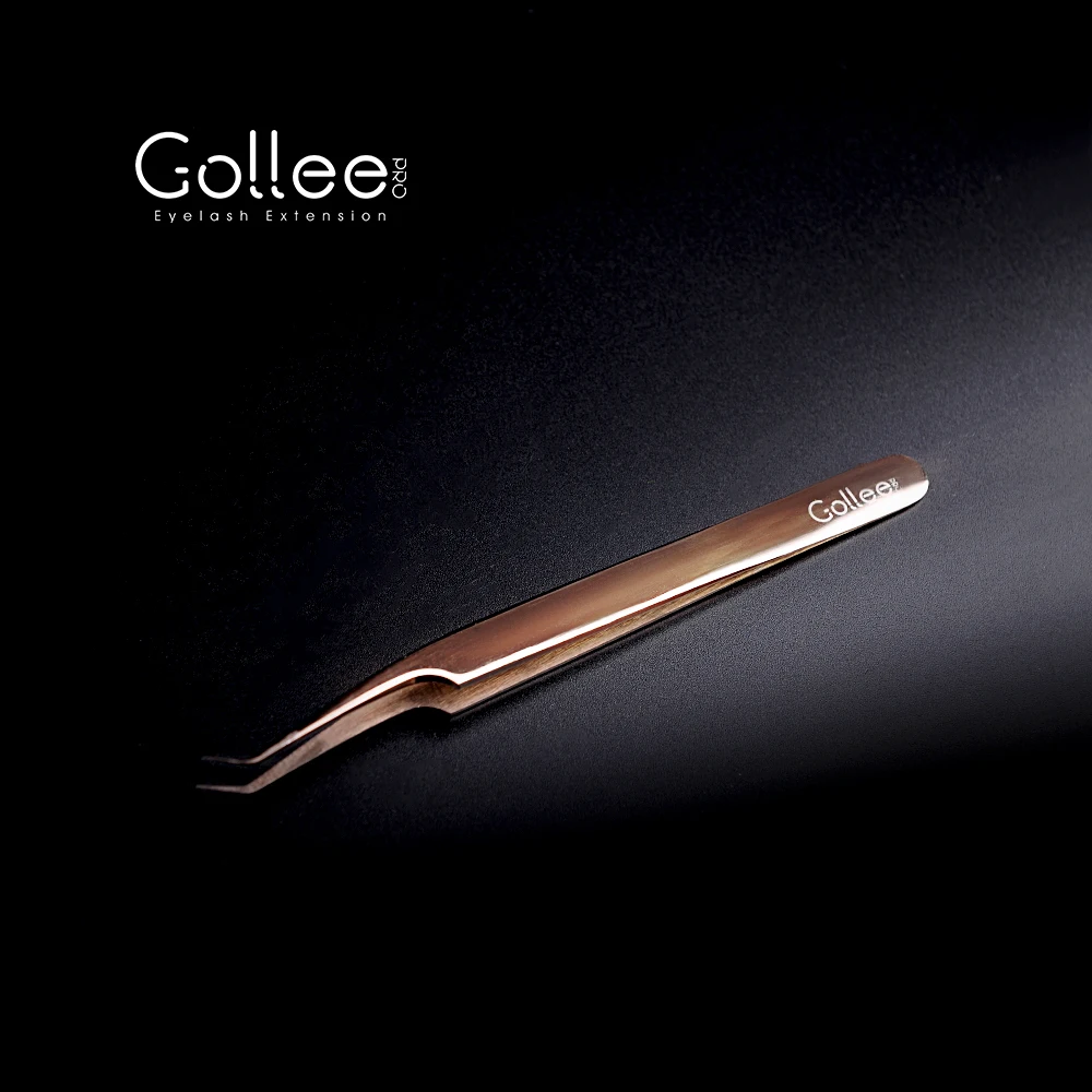 Gollee 3D-6D Precisely Right Curved Gold Stainless Steel Volume Private Label Eyelash Tweezers