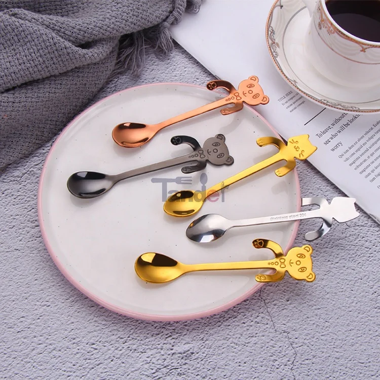 Cat Spoon Coffee Tea Spoon Set Stainless Steel Hanging Cup Teaspoons Mini Long Cute Kitten Stirring Dessert Spoon