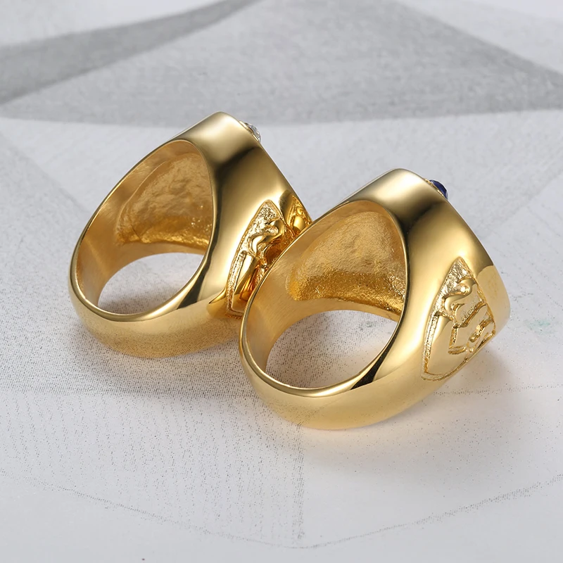 Punk 316L Stainless Steel Luxury Gold Color Masonic Clear Blue Zircon Finger Ring for Men Fashion Party Jewelry
