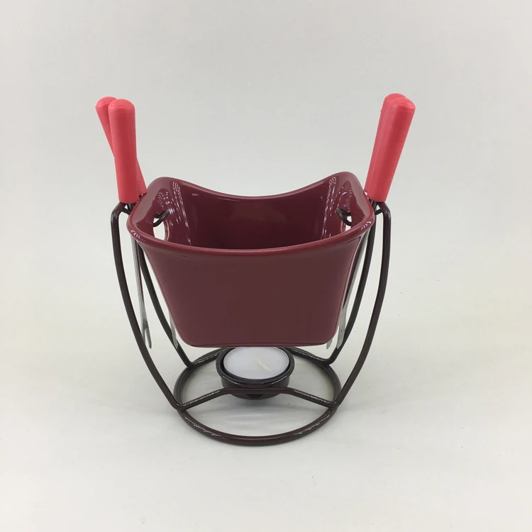 Glazed safety personalized ceramic cheap mini cheese fondue pots chocolate fondue set with dippers