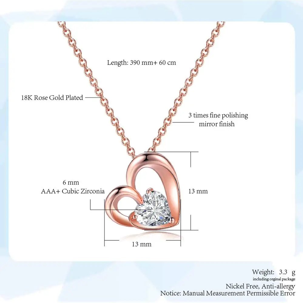 Woman fashion environmental copper jewellery beautiful rose gold color cz diamond necklace with heart shape pendant N056