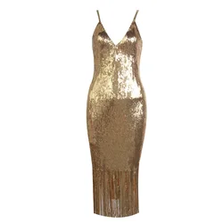 Gold sequin women party dress mini and bandage evening party dress