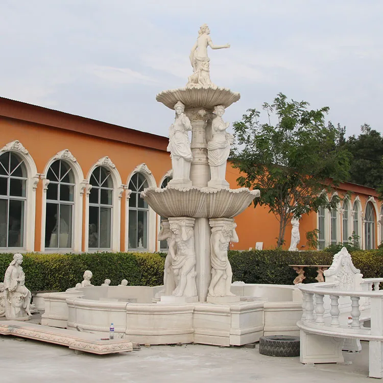 Stone crafts garden white marble water lady statue fountain with pond