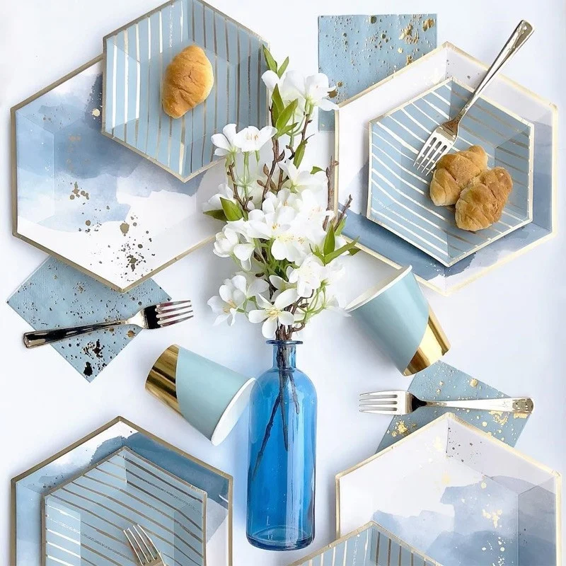 Напечатанные на заказ бумажные тарелки для вечеринок, набор посуды, тарелки из золотой фольги