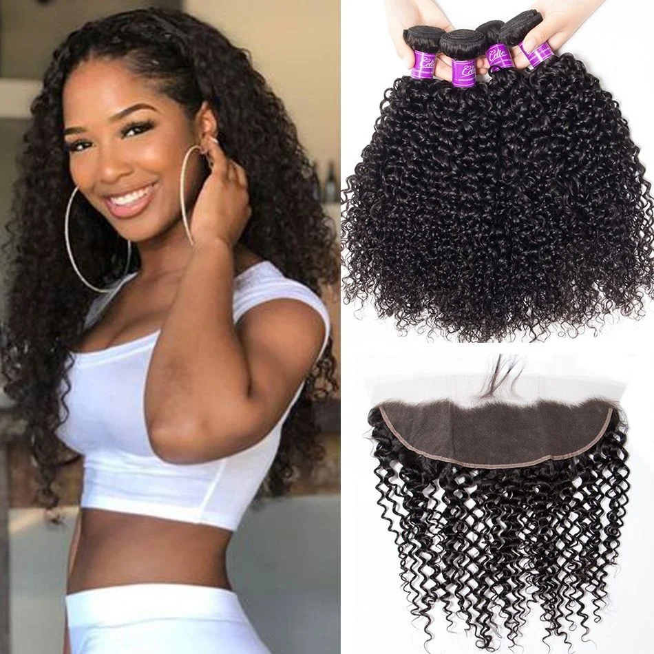 Curly Wave Human Hair 3 Bundles with 13x4 Lace Frontal Closure Indian Cuticle Aligned Virgin Curly Human Hair Extensions
