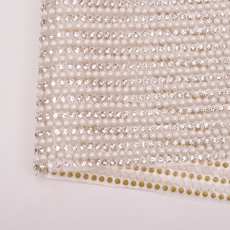 Hotfix Clear White Pearl Rhinestones Trim Mesh Glass Crystal Fabric Applique Strass Ribbon Band for Dress DIY Crafts