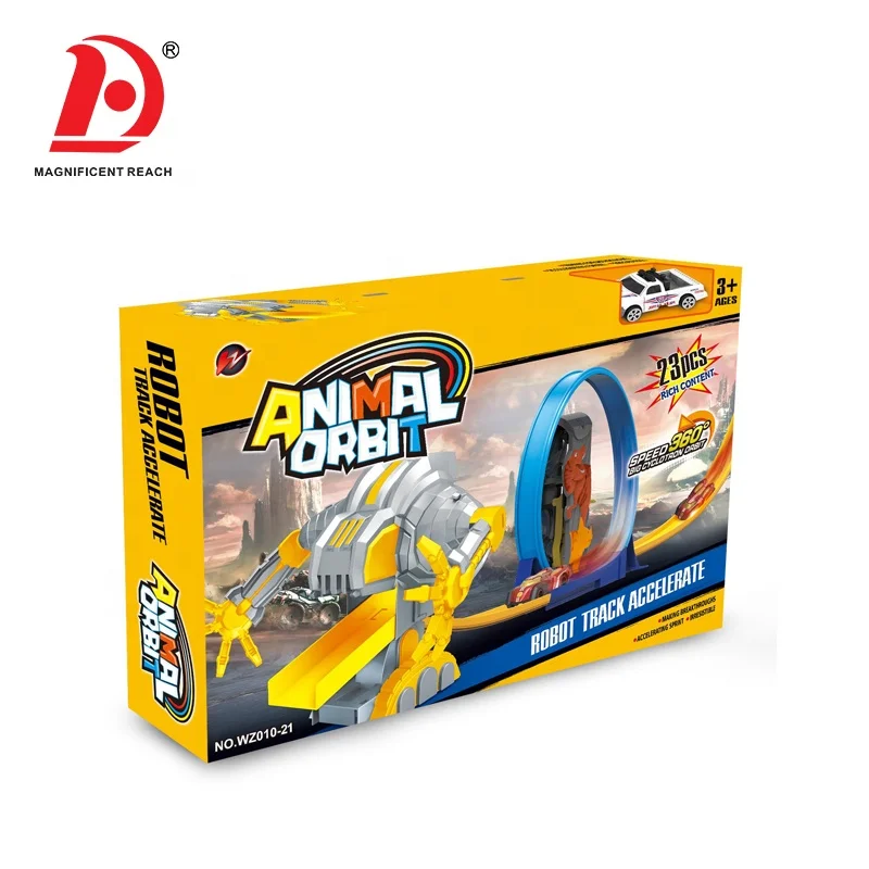 HUADA 2020 Robot Rotary Spring Railcar Set Ejection Stunt Racing Track Car Toys for Little Boys