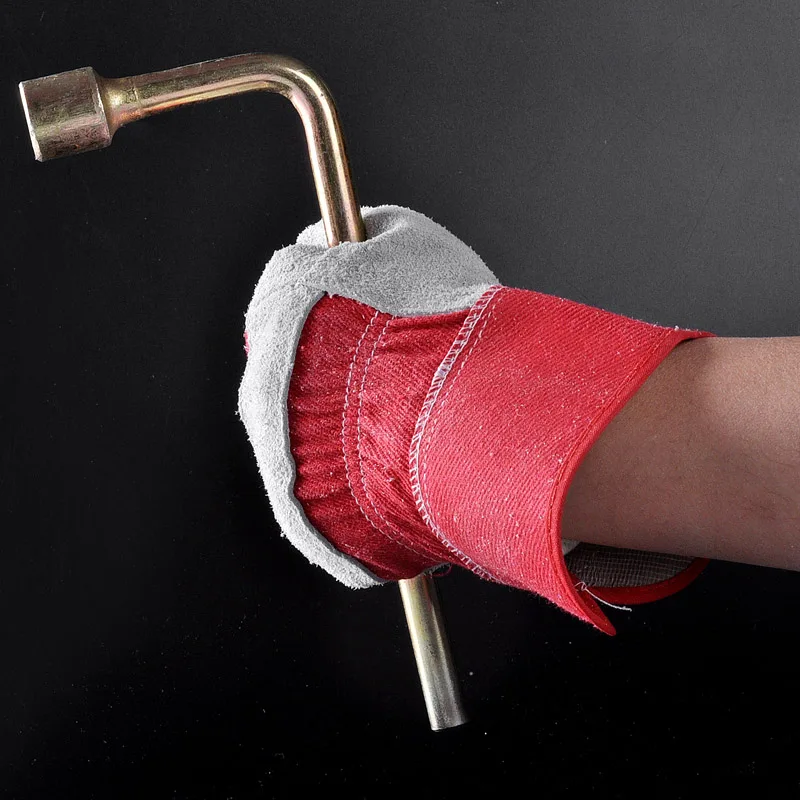 Red Double Palm Split Cow Leather Work Gloves With CE Certificate For Mechanic