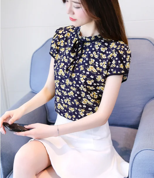 Chiffon jacket spring and summer new dress sweet lace floral short-sleeved shirt blouse