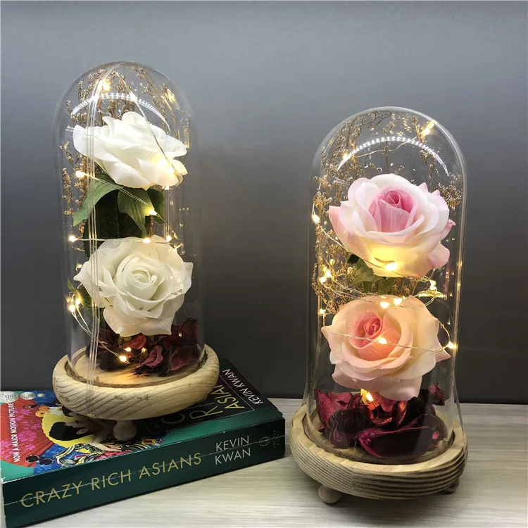 Высококачественная искусственная Шелковая Роза в стеклянном куполе со светодиодной подсветкой две головки розы цветы подарок на день Святого Валентина