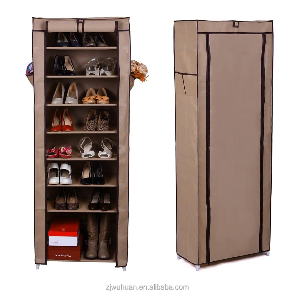 
9 SHELF LIGHT BROWN SHOE RACK STORAGE CABINET WITH ROLL UP PANEL 