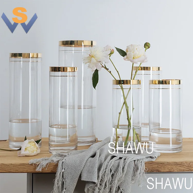 wholesale wedding cheap flower cylinder glass vase with gold rim for decoration