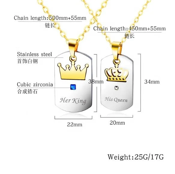 Amazon Hot Sale Ker King His Queen Titanium Stainless Steel Cubic Zirconia Cz Jewelry Couple Pendant Crown Necklace