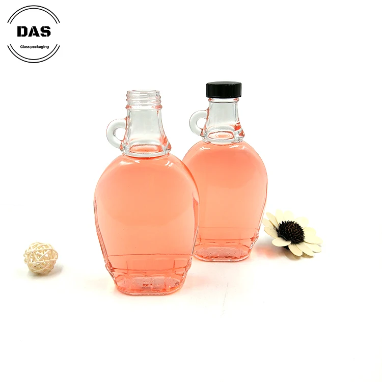 Supply 8 Ounce Glass Maple Syrup Bottles with Loop Handle & Black Plastic Lids