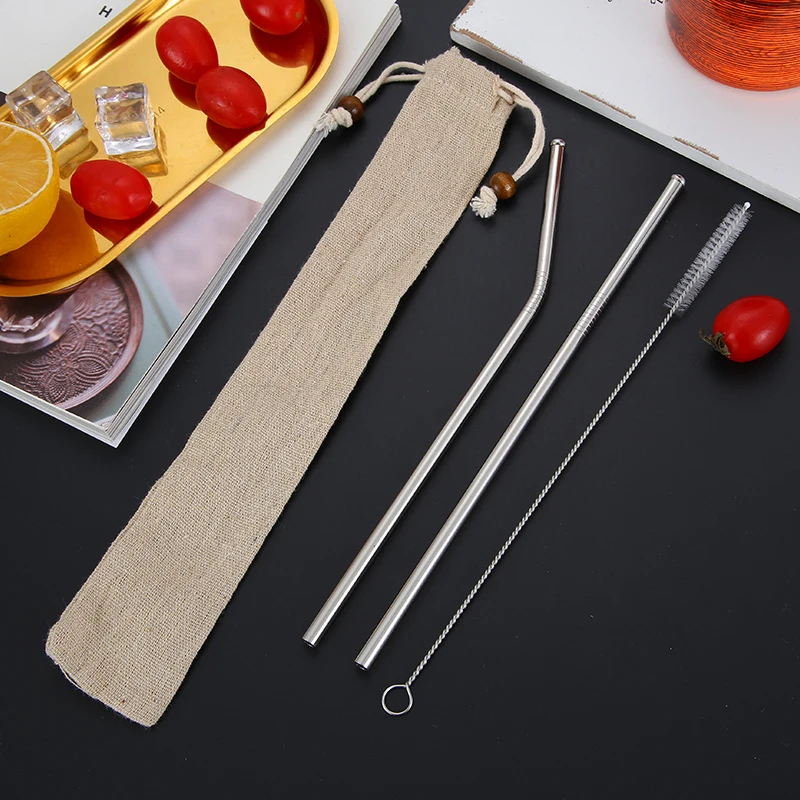 Bar Accessories Stainless Steel Straw Bevel Drinking Straw with Linen Pouch and Cleaning Brush