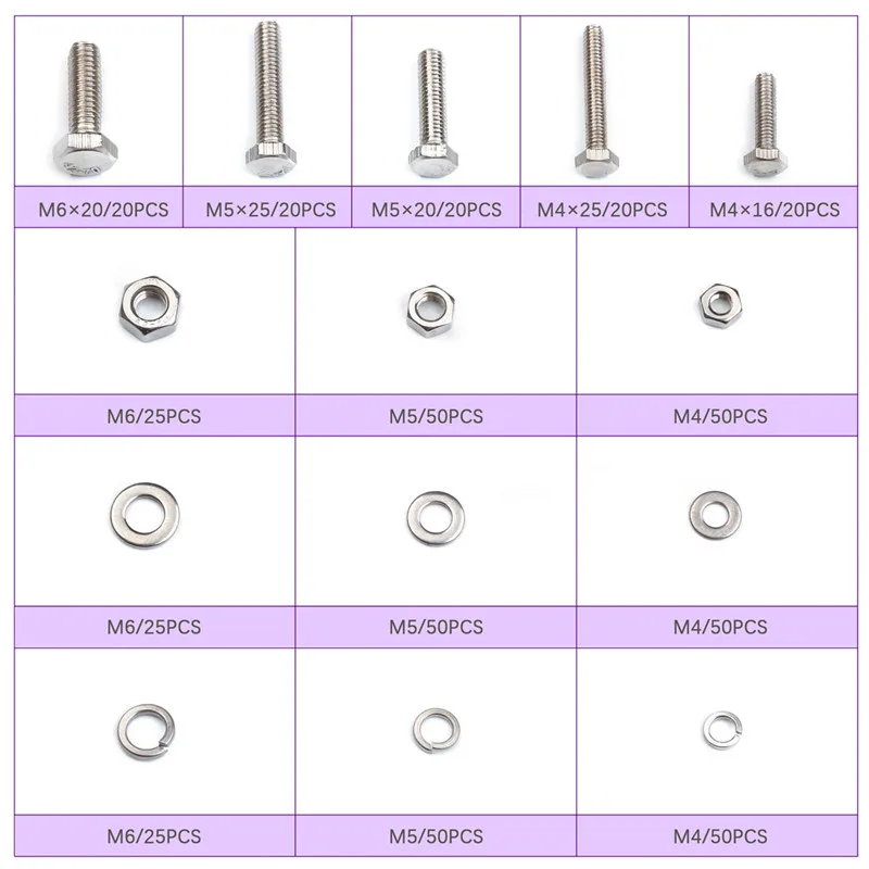 475Pcs Stainless Steel Metric Hex Bolts Head Cap Hexagon Socket Nut Screw with Lock Silver Flat/Elastic Washer M4/M5/M6 Bolt
