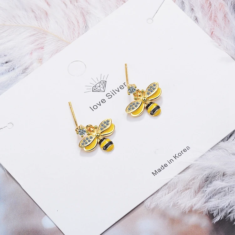 JER-194012 Gold Plated Pave Zirconia Stones Enamel Bee Shaped Brass Stud Earrings for Wholesale