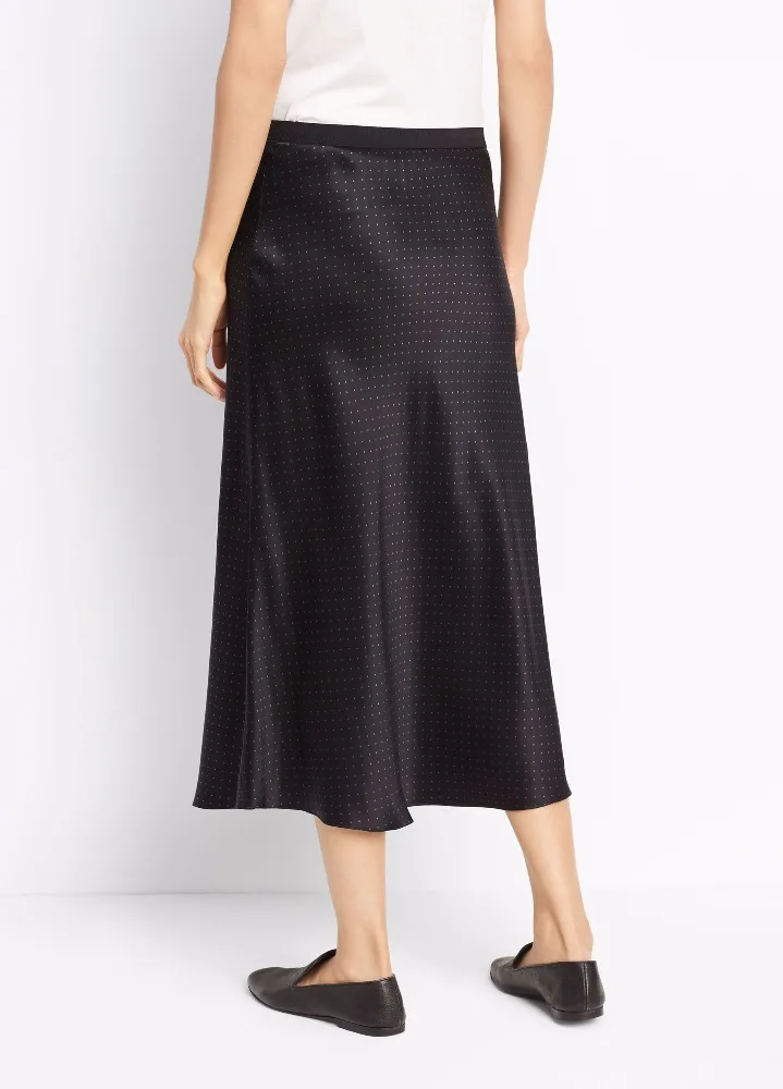 European Style Black Polka Dot Women High Waist A Line Silk Satin Skirt