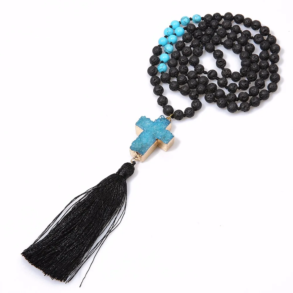 AFXSION Natural stone beads necklace, rock& powder crystal&black fused rock Beads Cross pendant tassel necklace