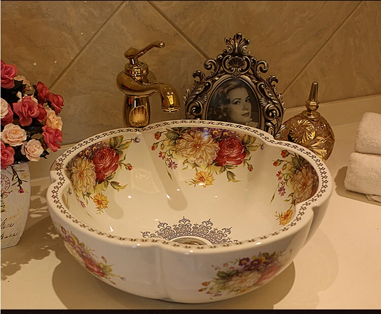 Rose Flower Ceramic Counter Top Wash Basin Bathroom Sinks