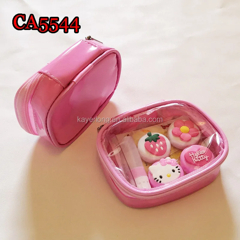Оптовая продажа ПВХ мягкий Hello kitty и клубника деко, наборами по 2 пары футляр для контактных линз с чехлом из искусственной кожи пу CA5544