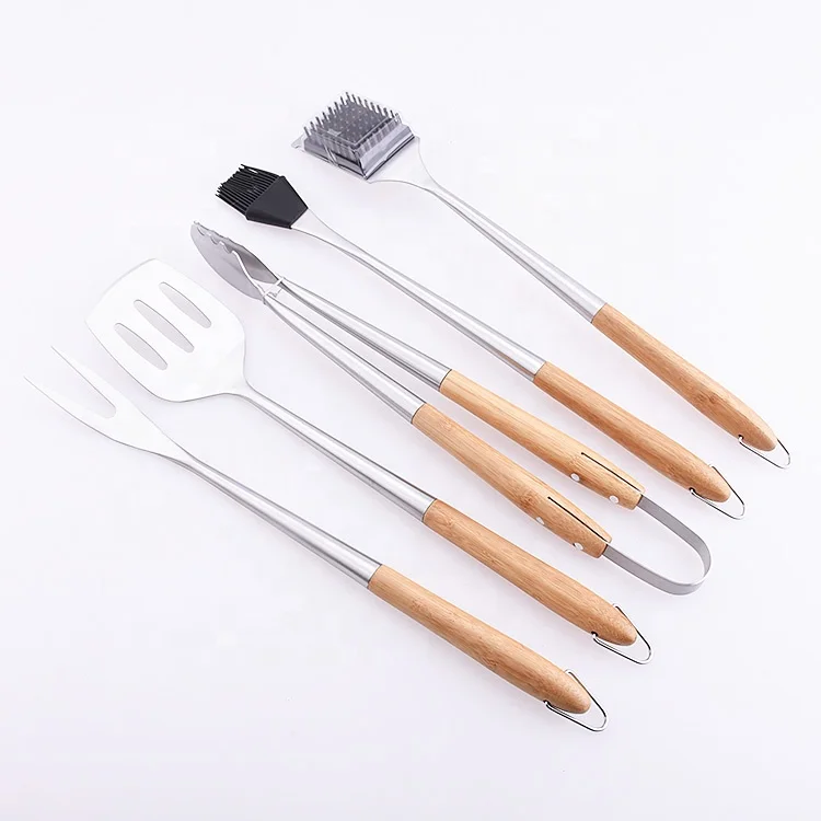 5 шт сделанных из нержавеющей стали с бамбуковой ручкой посуда аксессуары для кемпинга на открытом воздухе кухонная утварь набор для барбекю Посуда Набор инструментов для барбекю