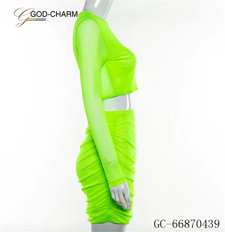 *GC-66870439  2022 new arrivals Neon Green Mesh Sexy fashion Crop Top Women 2 Piece Wholesale Matching Sets Club Outfits