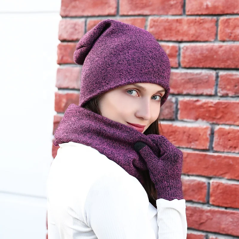 2018 Latest Design Fashion Plain Colors Warm Knit winter Hat Scarf Gloves Set