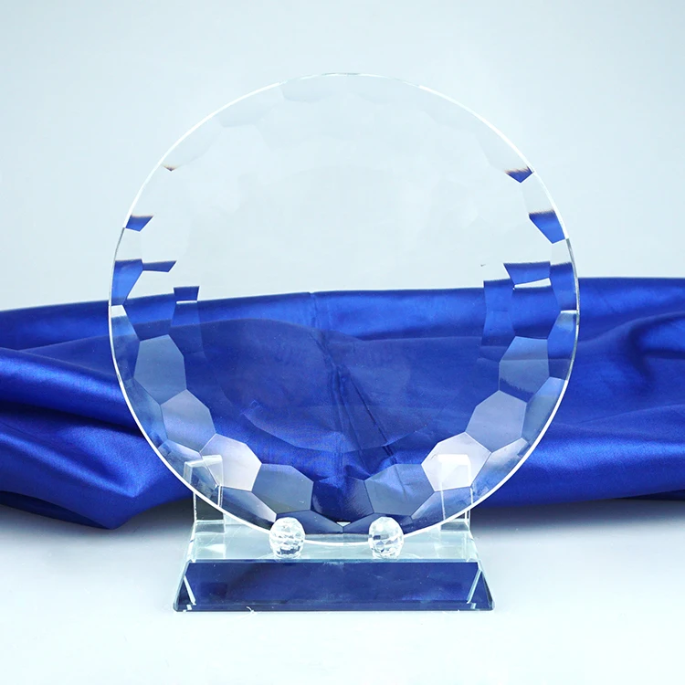 Round crystal trophy in plate shape for Sandblasting