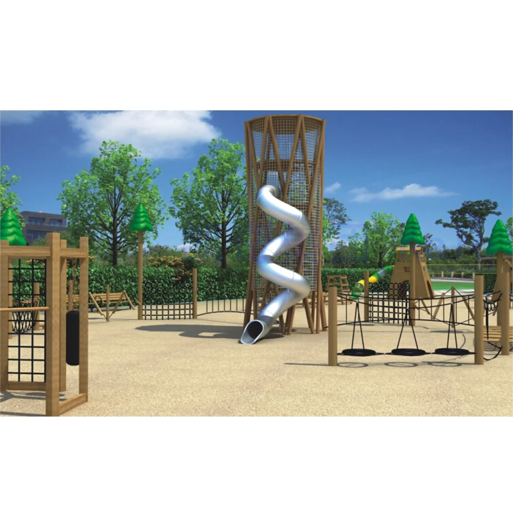 Multifunctional Kids Wooden Playground Equipment with Big Stainless Steel Slide
