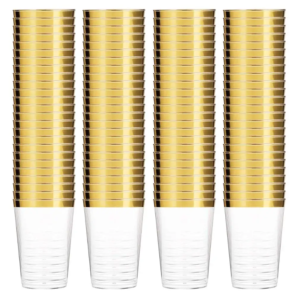 
100 Gold Plastic Cups 10 Oz Clear Plastic Tumblers Gold Rimmed Fancy Disposable Wedding Elegant Party with Gold Rim 