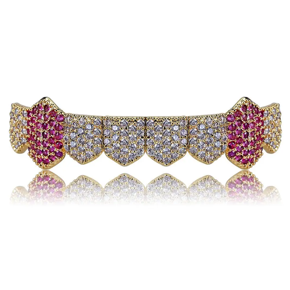 Hiphop Body Jewelry Copper Micro Pave AAA Diamond CZ Grills Vampire Fangs Colorful CZ Bottom Teeth Grillz