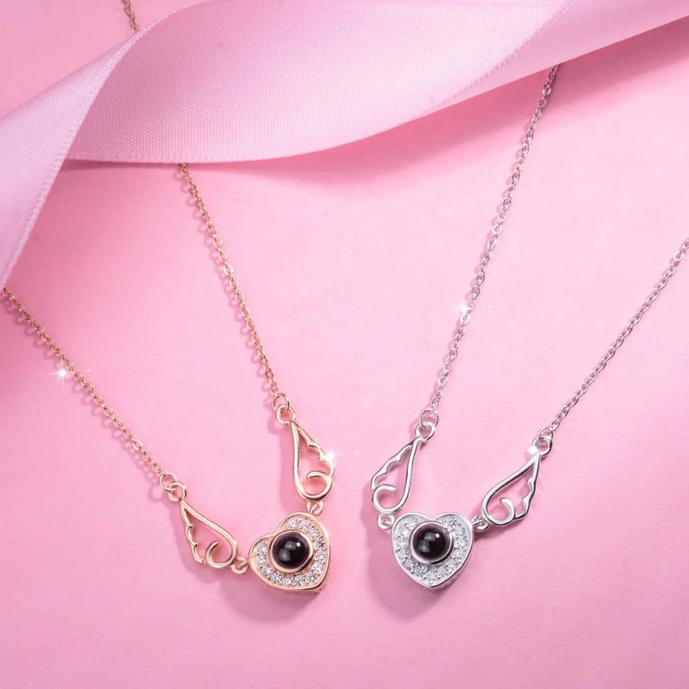 925 Sterling Silver angel wing heart Memory of love 100 Languages Nanotechnology necklace