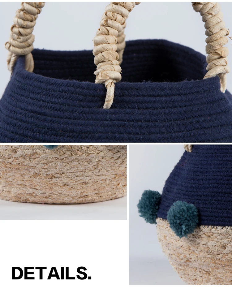 Rope Baskets Handmade Woven Pompom Large Foldable Straw Seagrass Belly Laundry Storage Cotton Household as Photo