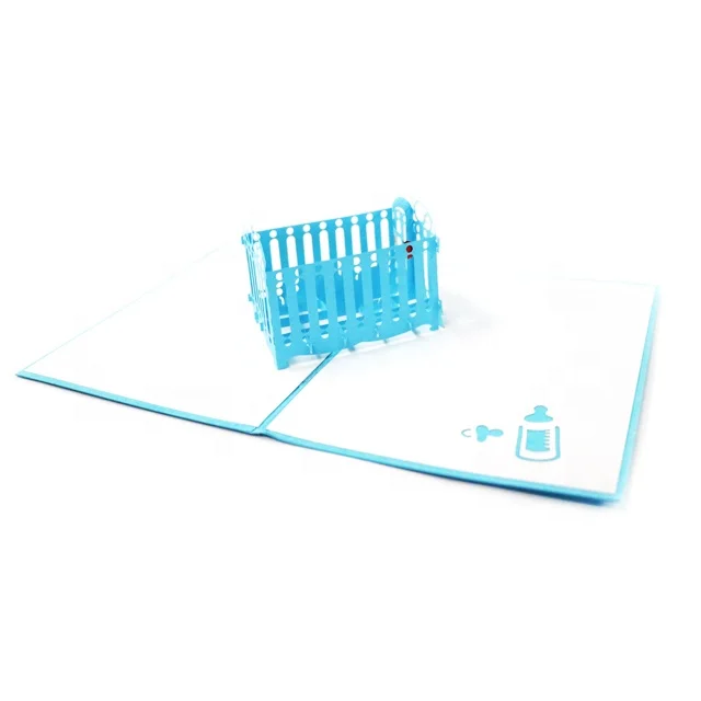 High Quality Laser Cut Baby in Crib Hollow 3D Pop Up birthday Greeting Card, Congratulations New Baby Girl