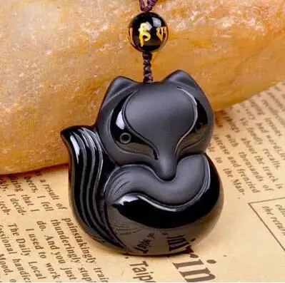 High Quality Fine carving Chinese black A obsidian carved fox black obsidian pendant necklace jewelry