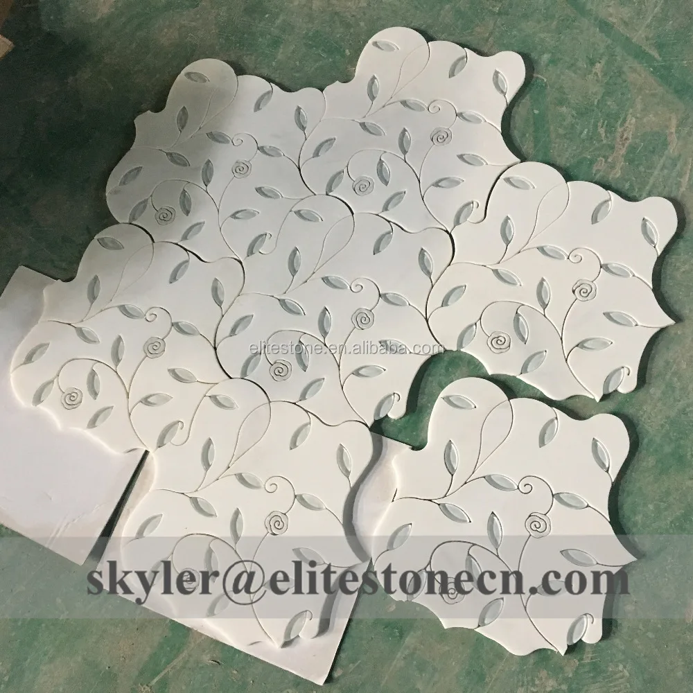 glass mixed marble flower leaves pattern waterjet tile mosaic