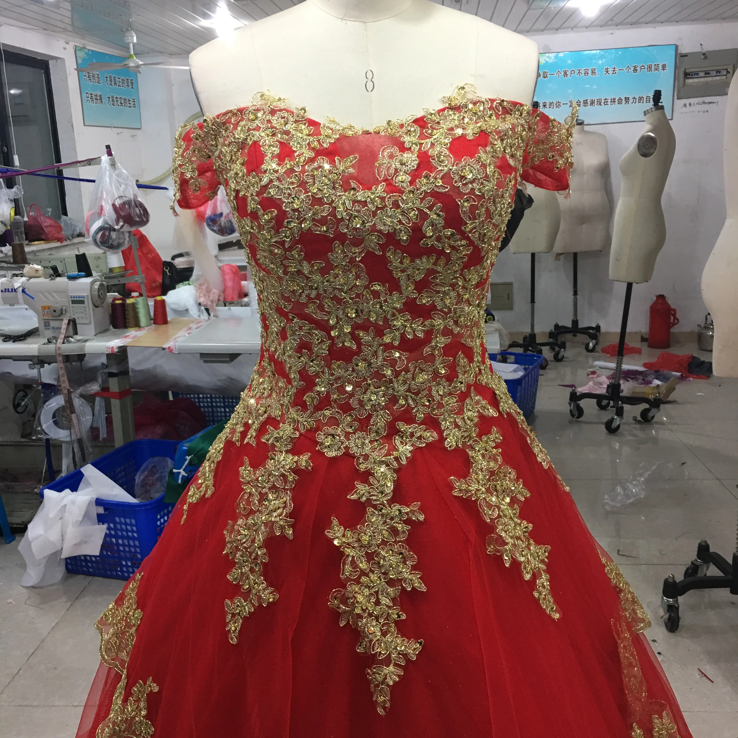 Tailored China Inspired Plus Size Accent Color Embroidered And Beaded Tulle Overlay Red Gold Wedding Dress