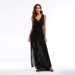 spring autumn summer v-neck sleeveless sexy black elegant women long chiffon dress