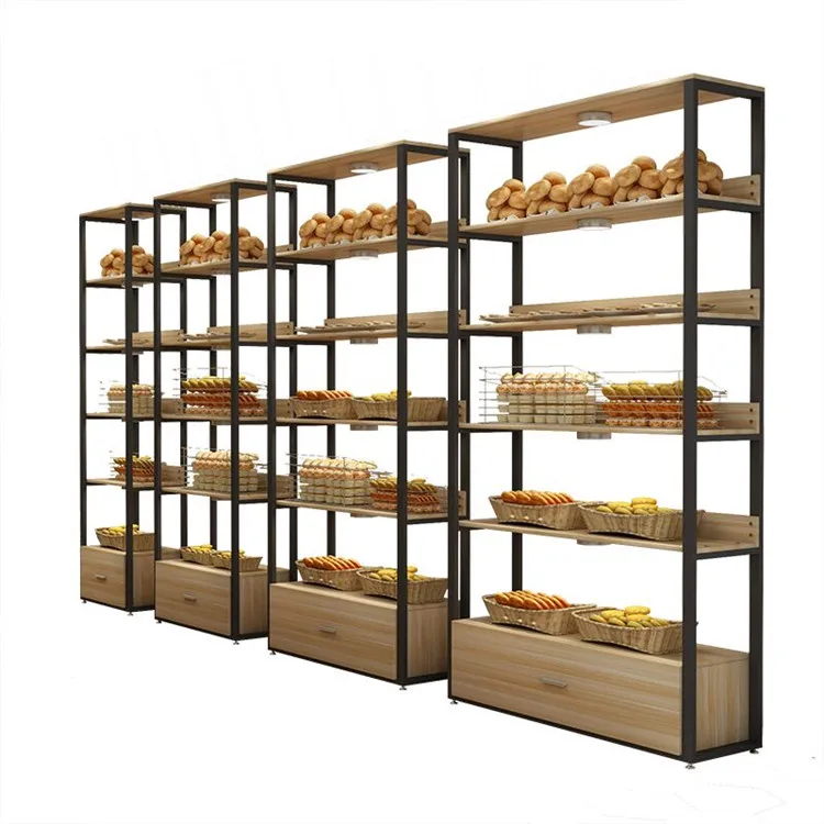 Metal Wooden Food Bread Shelves Display Rack Cabinet Display Stand